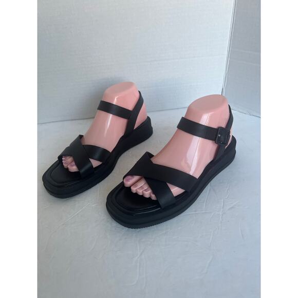 Crown Vintage Cleona Black Leather Strappy Platform Buckle Square Toe Sandal 8M - Picture 1 of 11